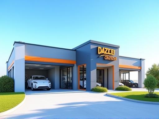 Exterior view of the modern Dazzle Car Wash facility in Orlando, Florida under a clear sky.